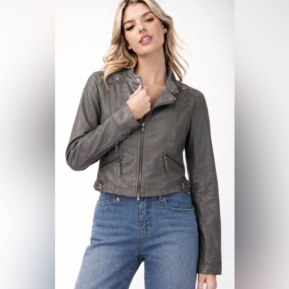 Womens Gray Leather Moto Jacket